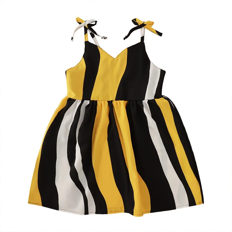 

Summer 2021 Girls Dress Girls Summer Dress Strap Patchwork Yellow Black Striped Cute A-Line Girl Dress Vestidos 9M-6T