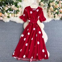 yuoomuoo 2022 vintage big polka dot print v neck bandage dress casual summer midi party dress women elegant big swing dress red