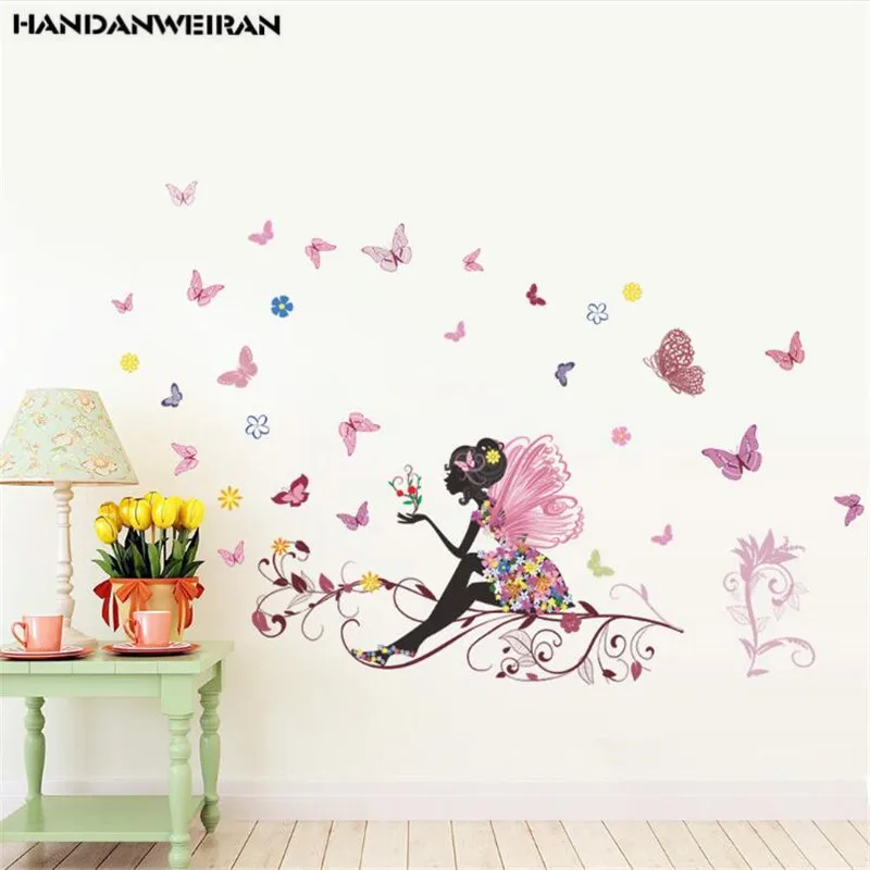 1 шт. цветок фея розовая ветка бабочка Наклейка на стену Девушка Спальня