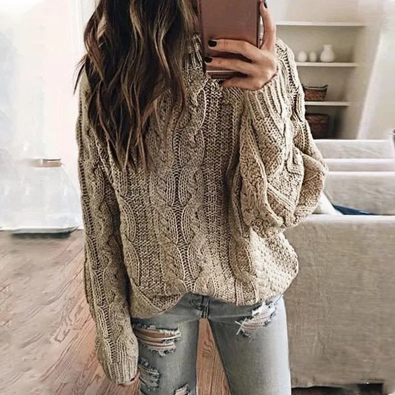 Женский вязаный свитер с высоким воротником однотонный Свободный пуловер