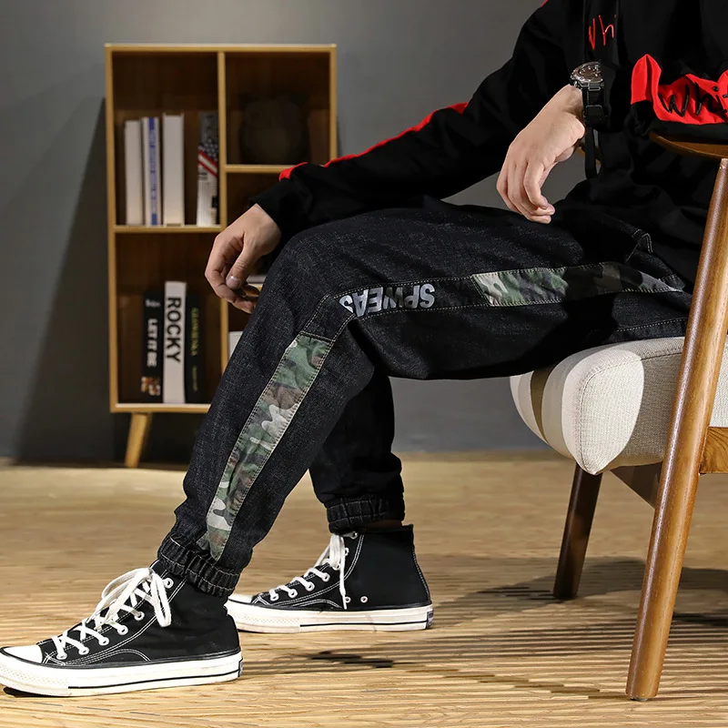 Men's Youth Casual Loose Large Size Black Jeans Korean Hip-hop Style Harem Camouflage Stitching Jeans Pants Plus Size 40 41 42
