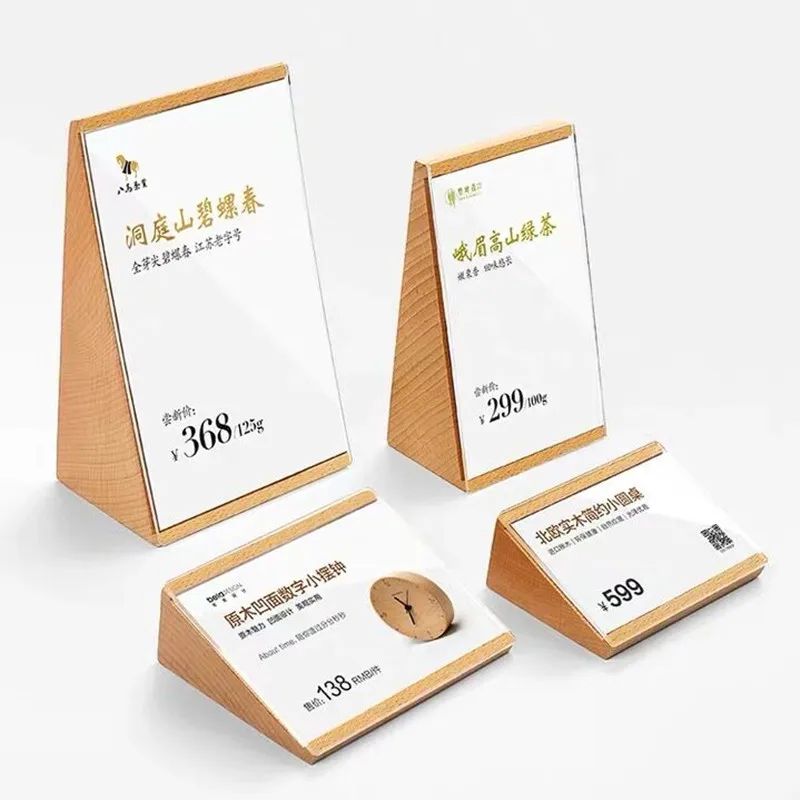 

90*55mm Mini Wood Produts Price Label Paper Tag Holder Display Stand Frame Slant Table Acrylic Sign Holder
