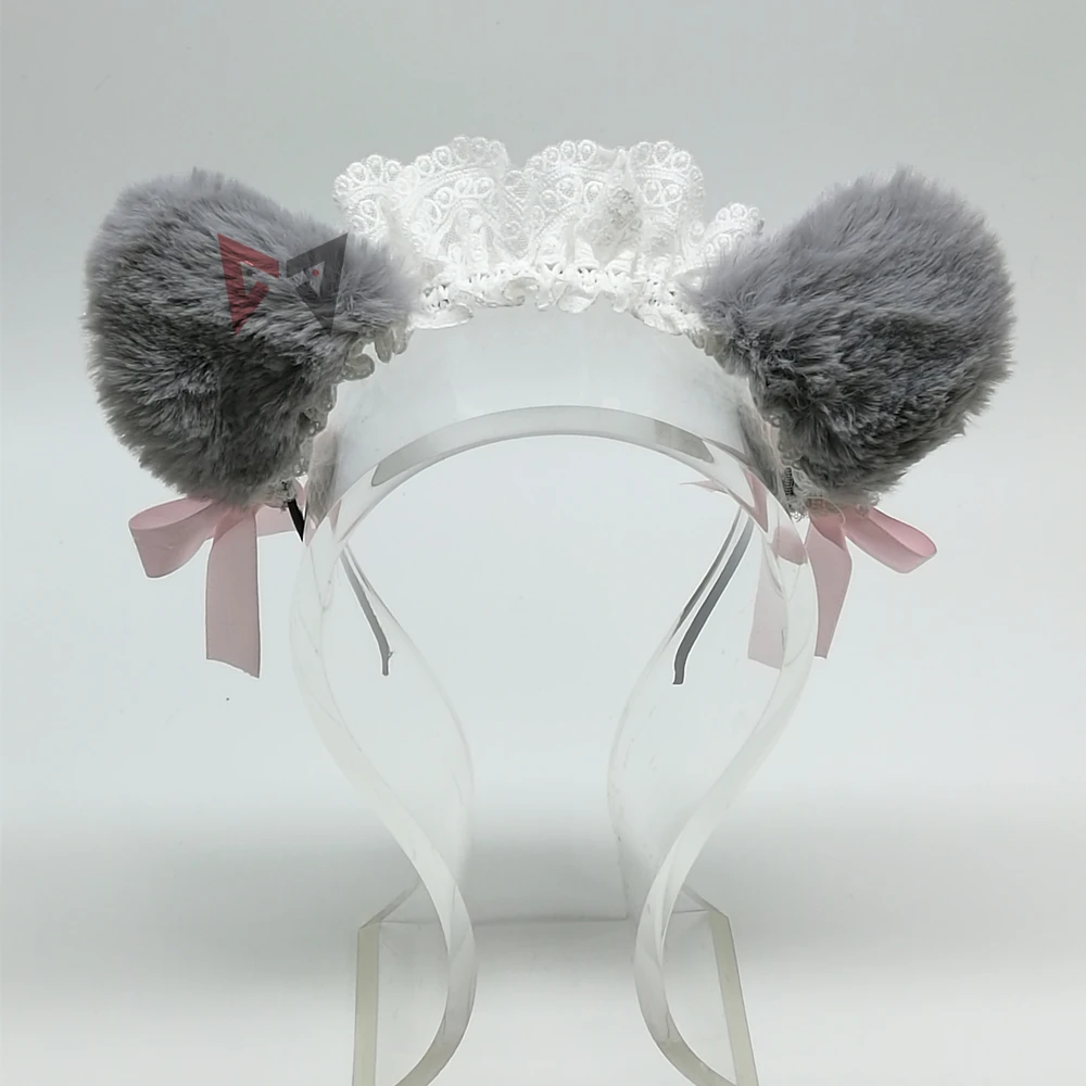 Новинка головной убор с кошачьими кружевными ушками обруч для волос серым мехом