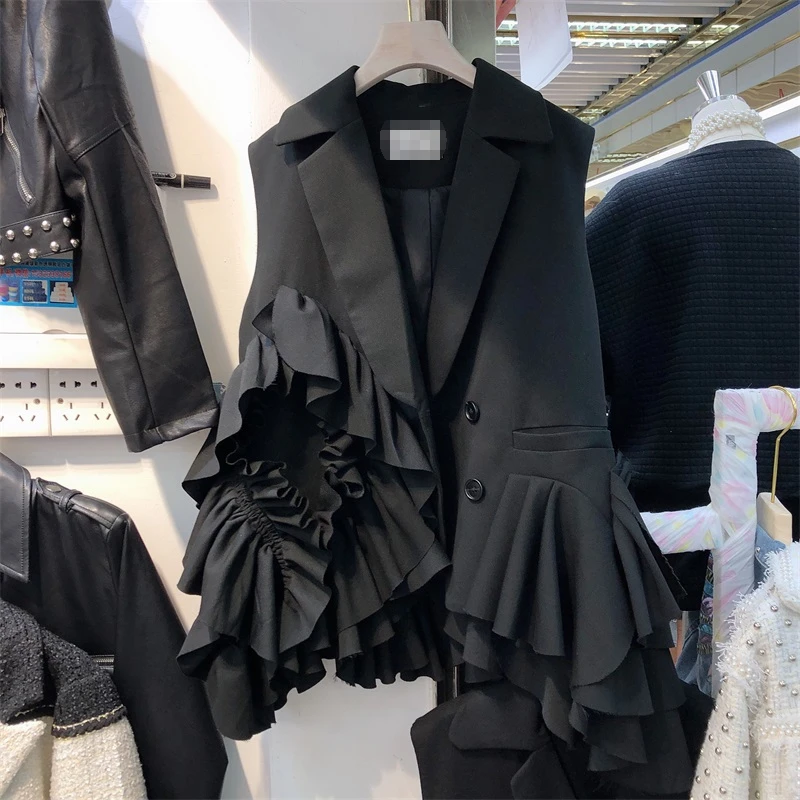 

Spring Autumn New Solid Vest Fashion Irregular Spliced Ruffles Loose Notched Waistcoat Black Slim Vest Womens Sleeveless Jacket