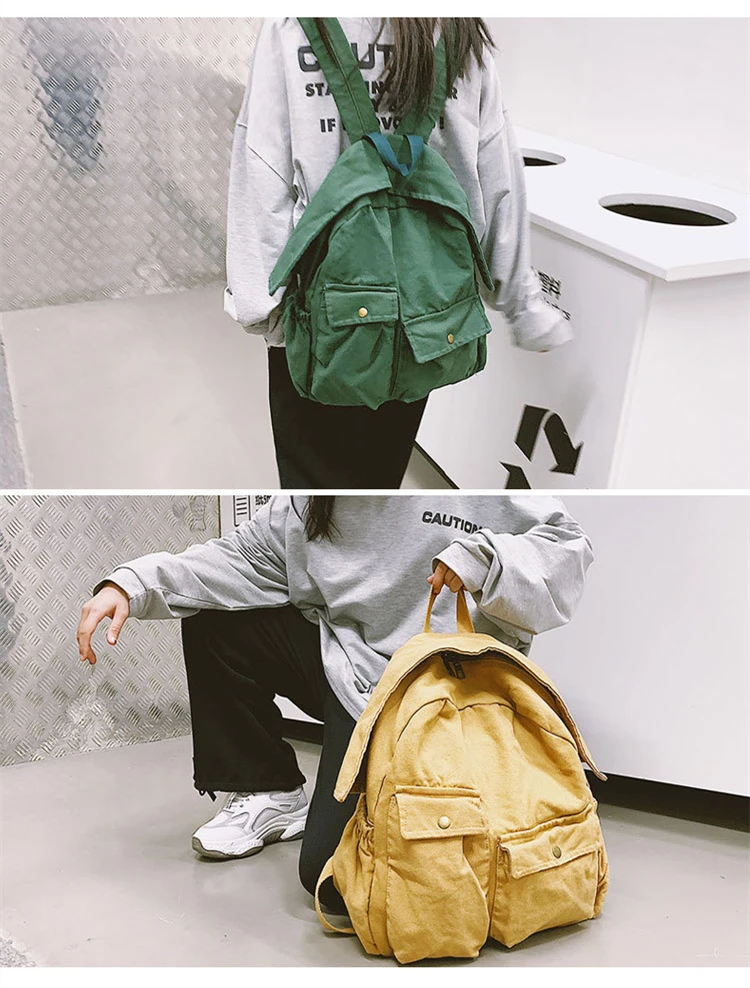 

Teenage Cotton Fabric School Book Backpack Female Student Preppy Style Canvas Casual Daily Multi-pockets Yellow Knapsack Bag