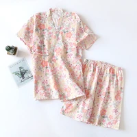 197 cotton pijama women homewear flower print short tops kimono shorts casual sleepwear shirts summer pajama loose pajamas set