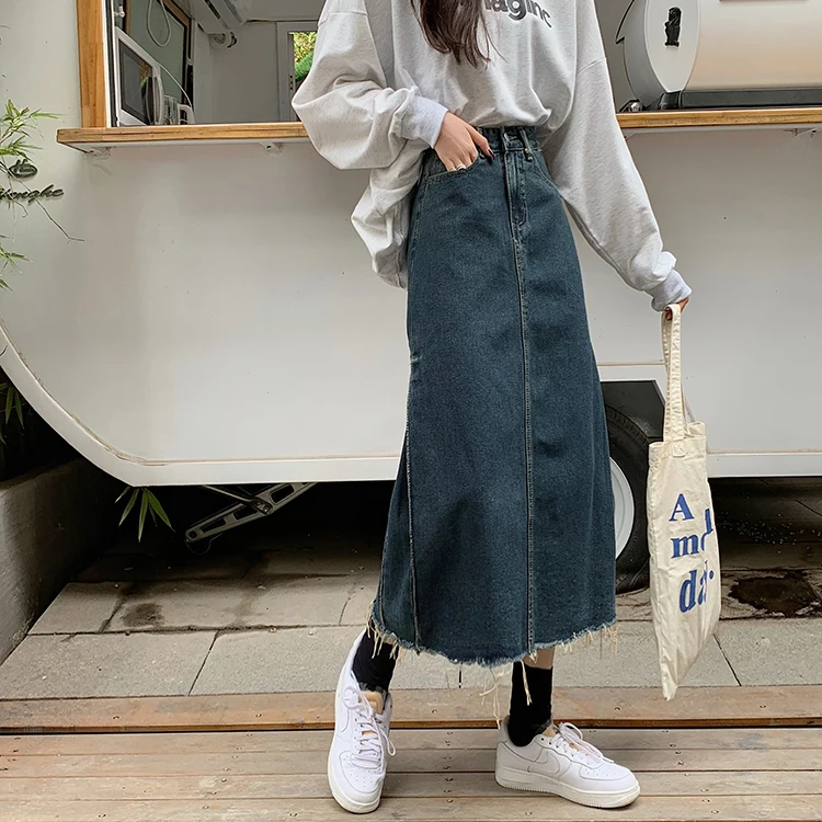 

SML Long Denim Skirt 2021 korean style High Waist Midi Skirts Women side patchwork Jean Skirt Style Saia Jeans skirts (F9009