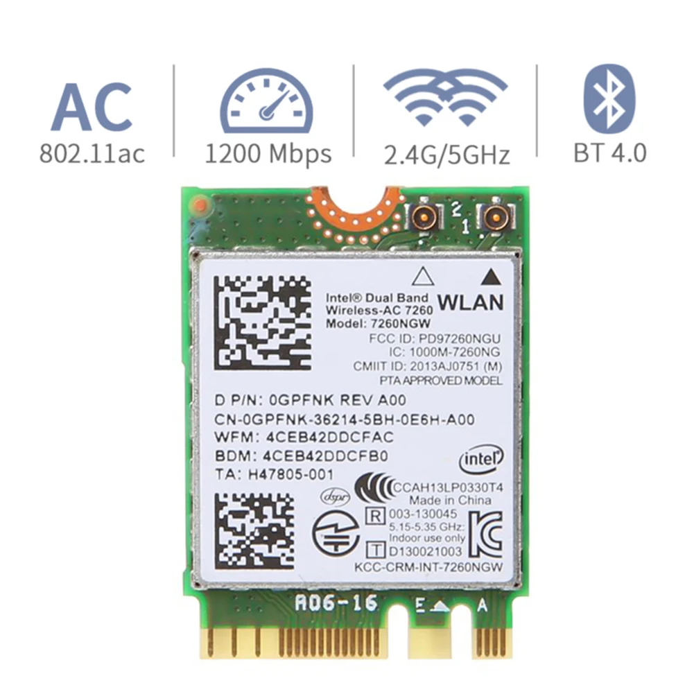 

7260NGW WLAN Card 802.11AC NGFF/M.2 Wifi+Bluetooth Replacement Accessory