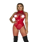 Сексуальное боди из искусственной кожи с мокрым эффектом, с вырезами, с открытой промежностью, Клубная одежда с сеткой, комбинезон с цепочками, Горячее Эротическое белье для танцев на пилоне