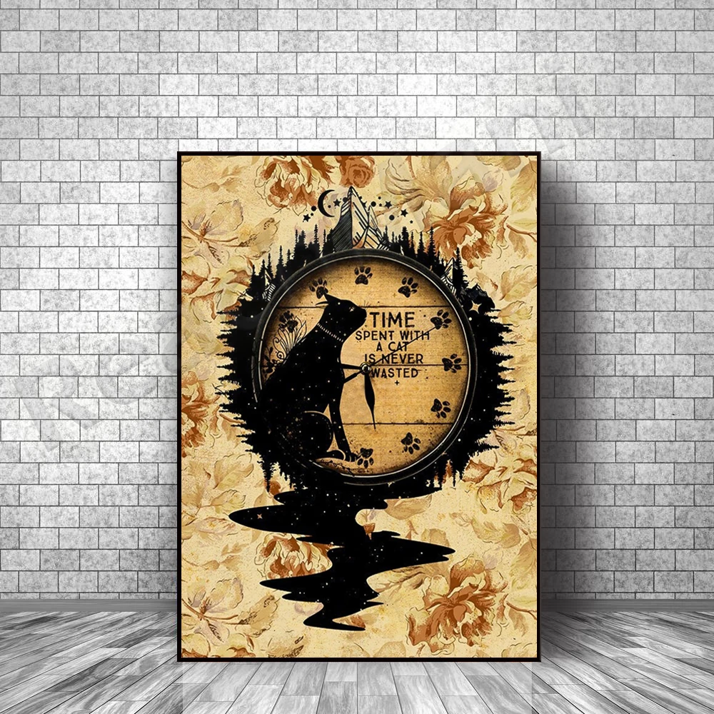 

Time spent with cats will never waste canvas, vintage cat art, black cat lover gifts, cat mother gifts, cat wall art posters