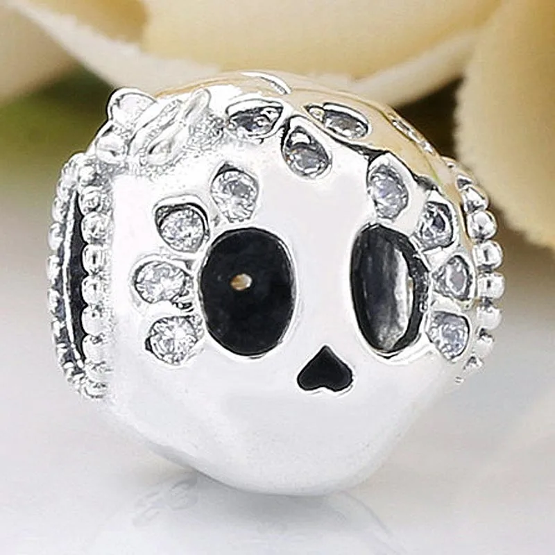 

New 925 Sterling Silver Charm Sparkling Skull With Butterfly & Beaded & Heart Bead Fit Original Bracelet Necklace DIY Jewelry