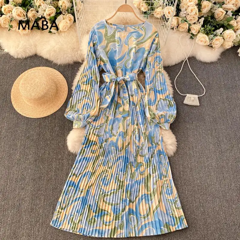 

Женское плиссированное платье миди с принтом, весеннее платье с рукавами-фонариками, круглым вырезом и завязкой на талии, 2021