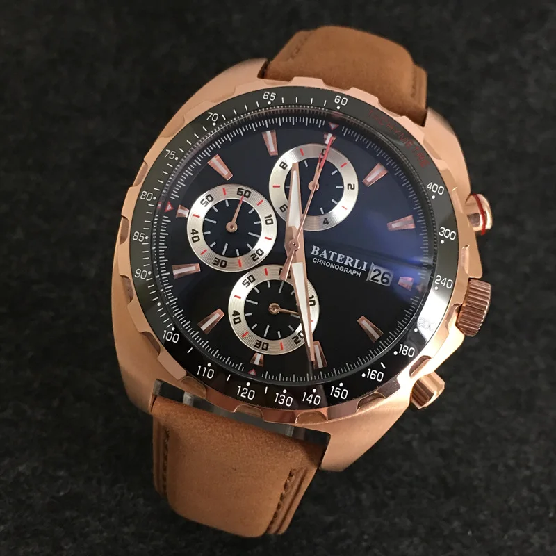 

Original Brand Men Japanese VK Chronograph Movement Watches Rose Gold Steel Case Ceramic Bezel Quartz luxury Man Watch