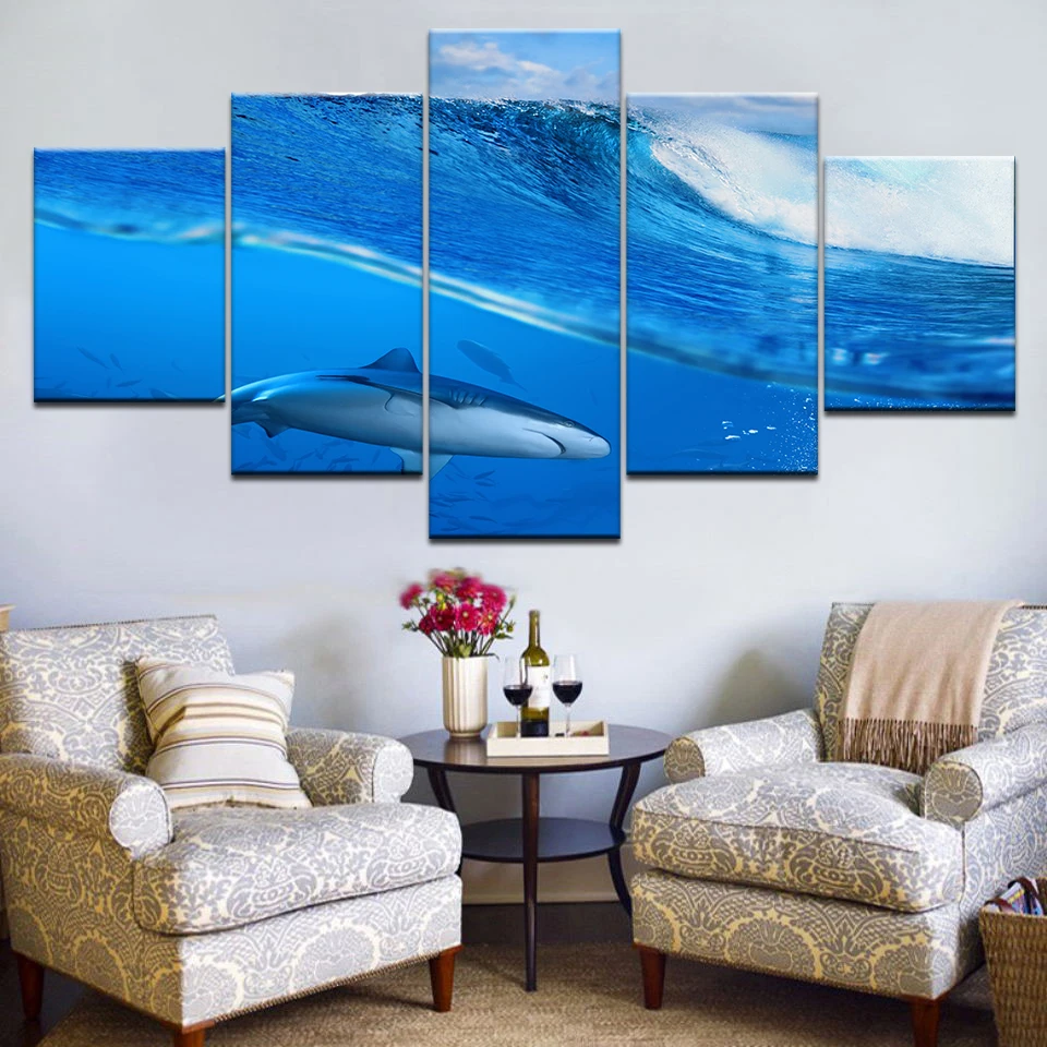 Абстрактные синие волны и Акула 5 панелей HD Современная Художественная живопись