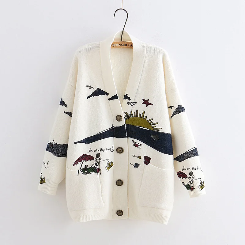 

Autumn White Cotton Knitted Cardigan Sweater Women's 2022 Jacket Print V-neck Pockets Ladies Jumpers Casual Buttons Sweet Loose