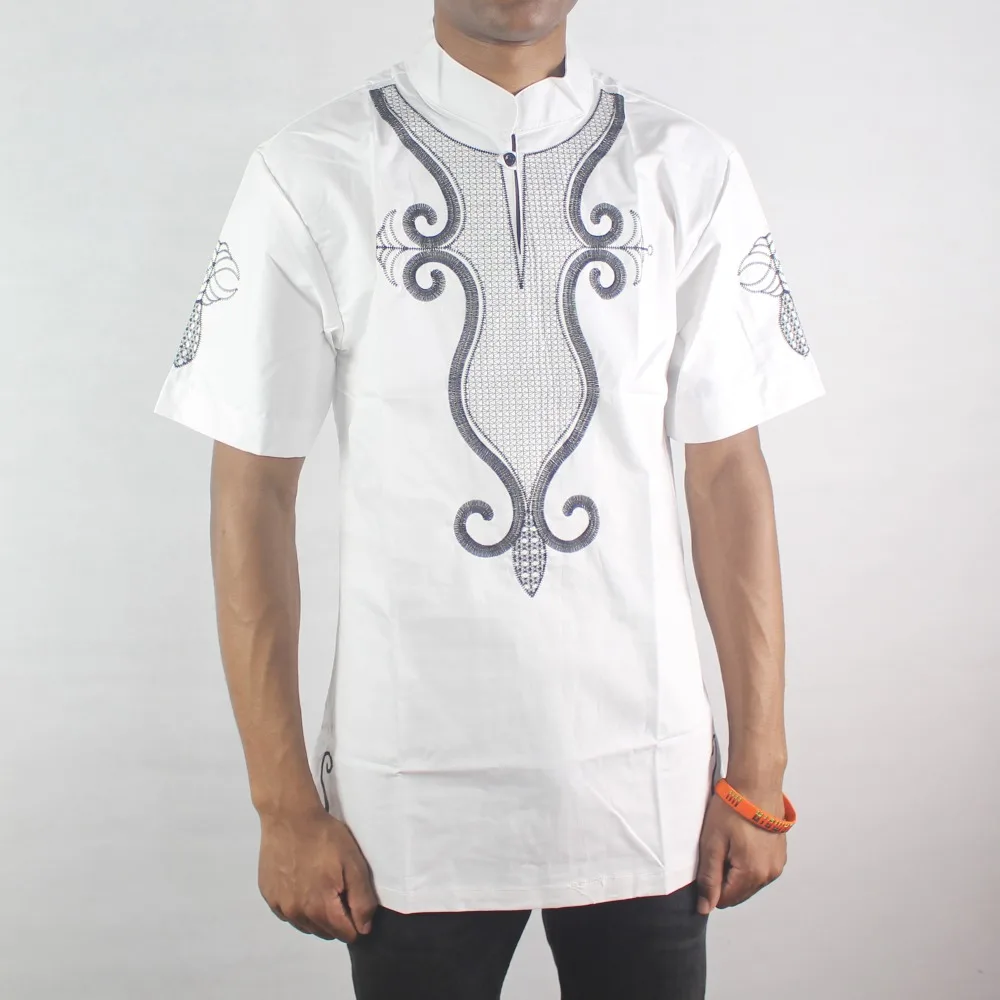 White Lucky Embroidery Men`s Ethnic Tops Collar Short Sleeved Muslim Shirts for Male Summer Wearing Футболка мужская