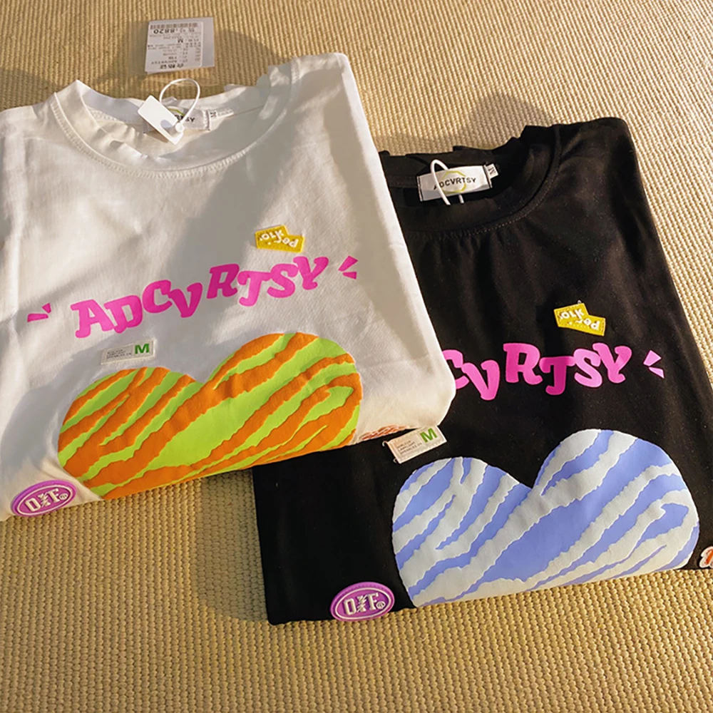 

Summer Striped Foam Love Letter Printing Short-Sleeved T-Shirt Women Loose Pullover Round Neck Top