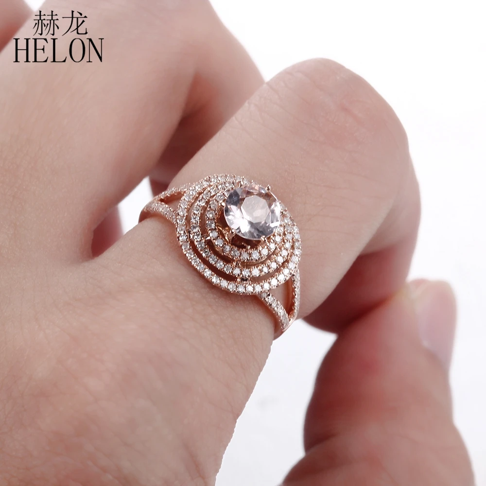 

HELON Solid 10K Rose Gold Flawless Round 6mm Natural Morganite 0.4CT Natural Diamonds Engagement Wedding Women Fine Jewelry Ring