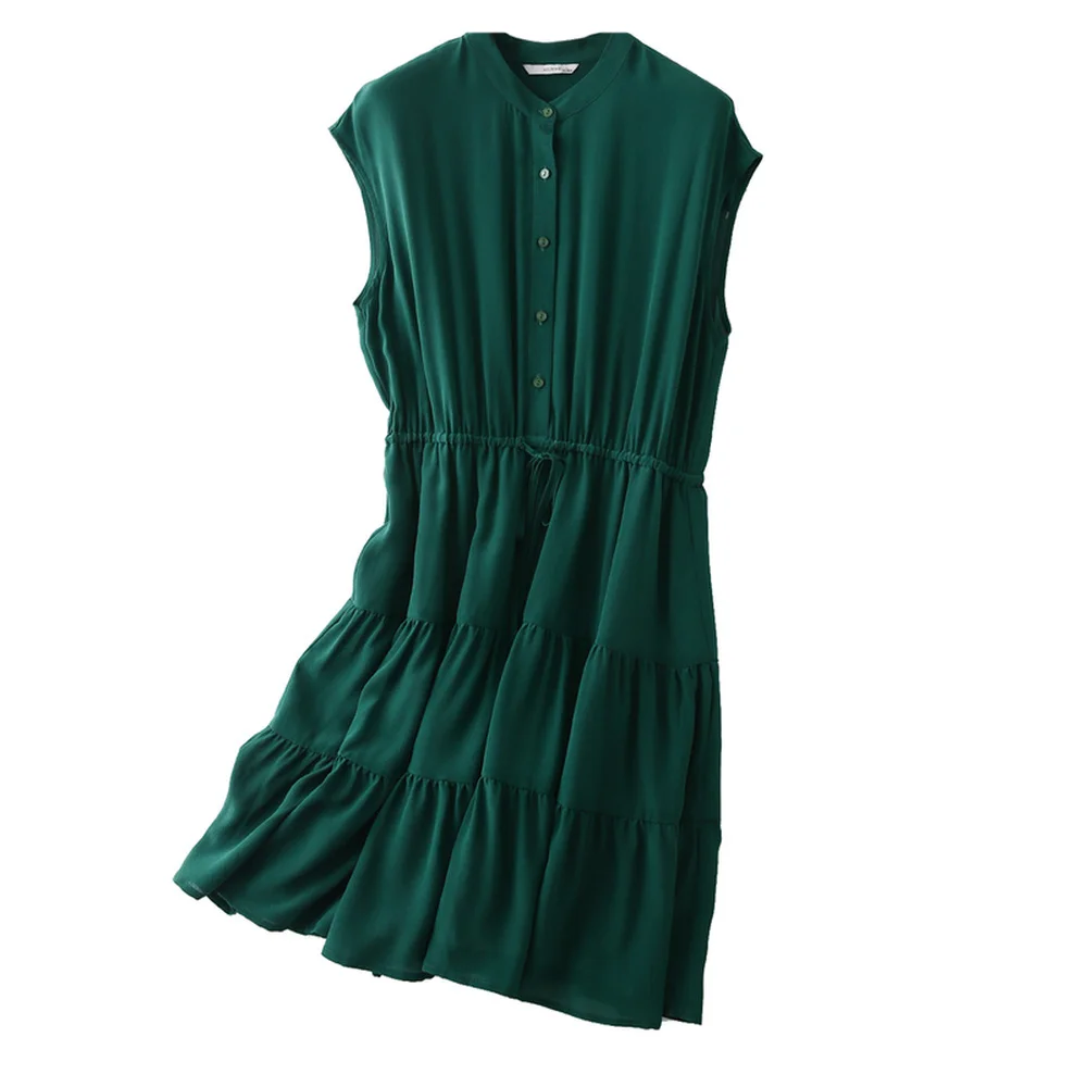 

Dark Green Silk Dress Female Silk Temperament Vertical Collar Skirt Waist Show Thin A Skirt 2020 Fashion Summe