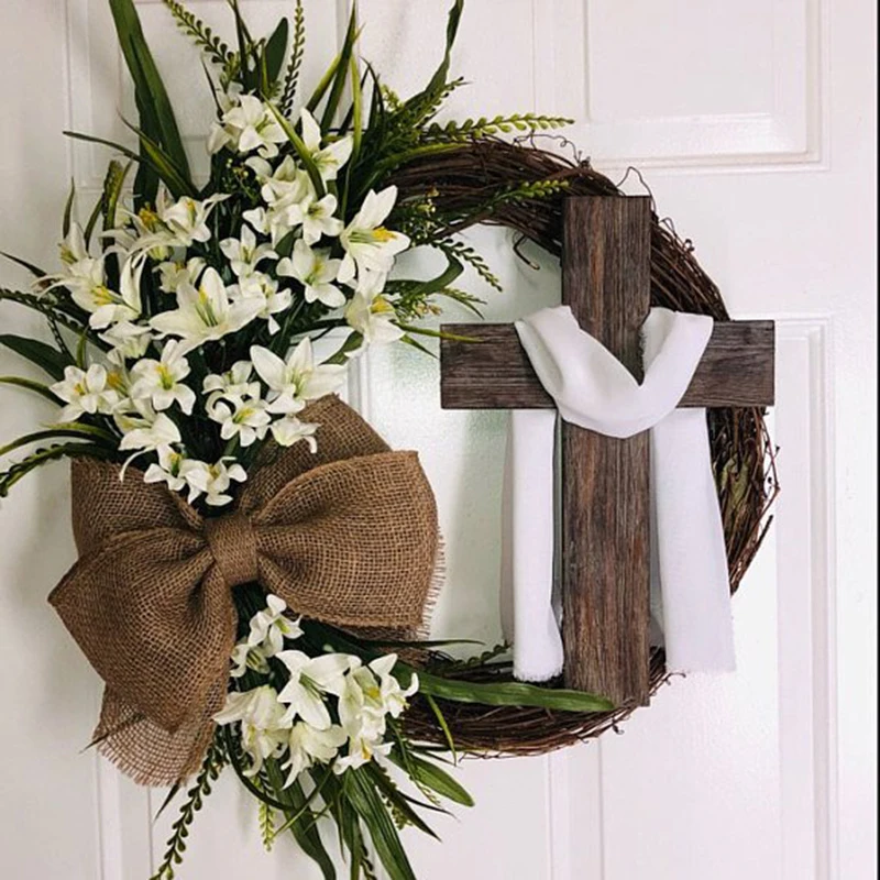 

Easter Wreath With Cross Burlap Bow Rustic Grapevine Wreath Spring Decorating DIY Easter Front Door Wreath Decoration FB