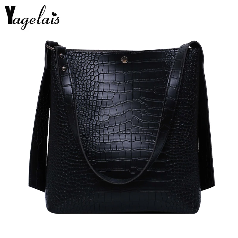 Сумки ведра с крокодиловым узором для женщин повседневные вместительные