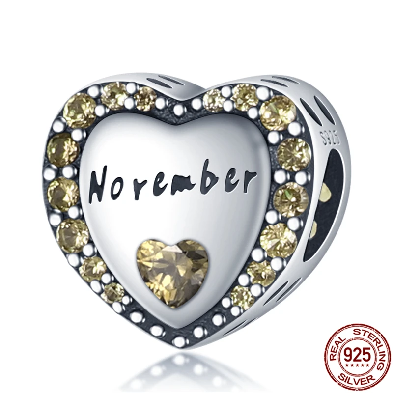 

100% Real 925 Sterling Silver Dark yellow november heart shape Beads Fit Original 3mm Bracelet&Bangle Women Fashion Jewelry Gift