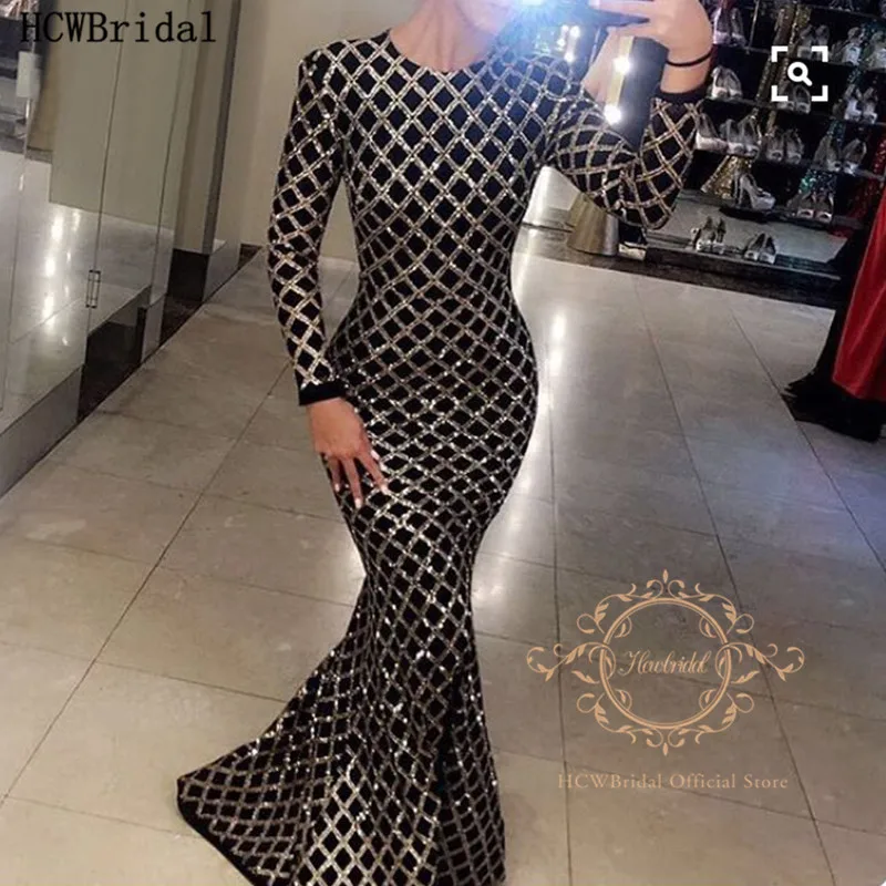 

Sparkly Black Long Sleeves Mermaid Evening Dress 2020 New Design O Neck Floor Length Long Formal Dresses Women Robe De Soiree
