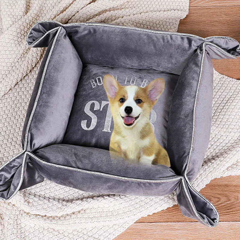 

Print Square Pet Nest Four Seasons Dog Bed Universal Cat's House Comfortable Velvet Small Elastic Kennel Animal Indoor Supplies
