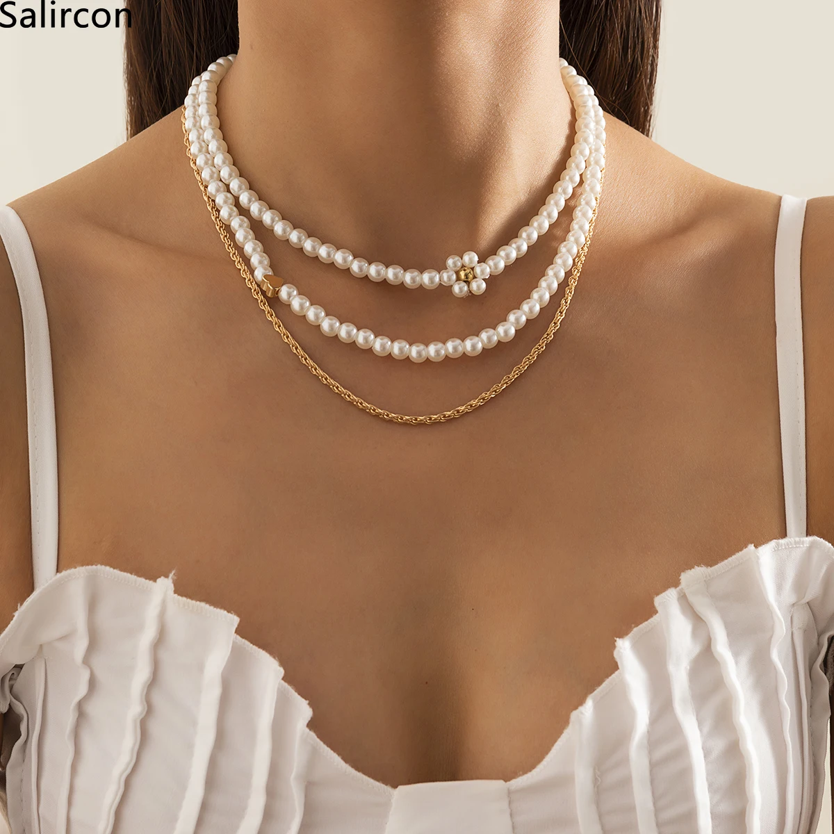 

Vintage Elegant Simulated Pearls Beaded Chain Choker Necklace For Women Punk Multi Layer Twisted Collier Heart Flowers Jewelry
