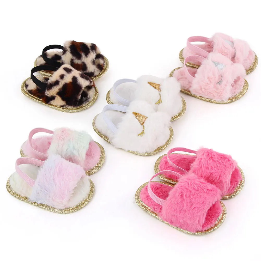 

Toddler Baby Girls Plush Sandals Soft Sole Faux Fur Flats Prewalker Slippers With Elastic Back Strap Home Baby Shoes