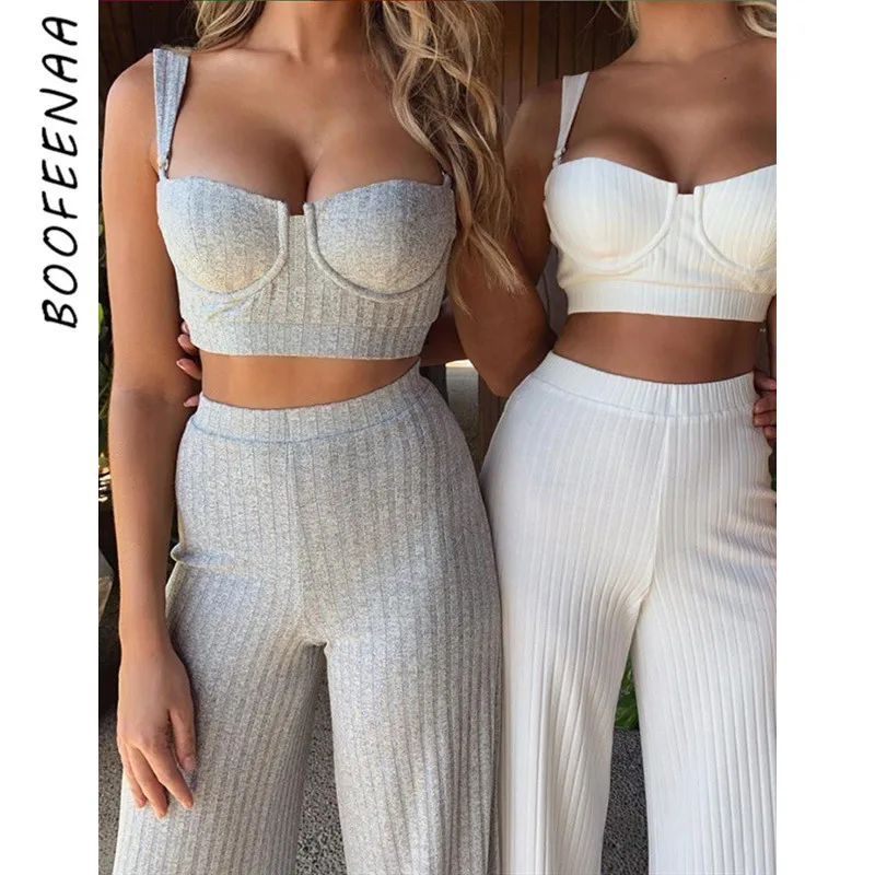 Сексуальный вязаный комплект BOOFEENAA из двух предметов короткий топ и широкие