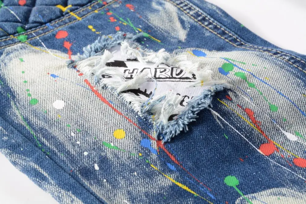 

Men's Zip Up Decoration Straight Ripped Cargo Jeans 2020 New Casual Mens Hole Splash Paint Jeans Man Biker Denim Punk Pants