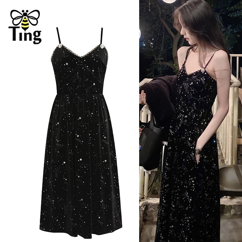 Женское бархатное платье с блестками Tingfly длинное средней длины на бретелях для