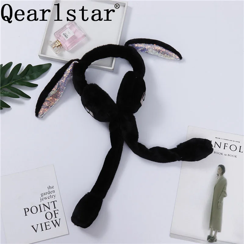Qearlstar милые теплые наушники для девочек, женские детские наушники с искусственным кроличьим мехом, украшенные пайетками, дизайн с кроличьими ушками, Ушная крышка DW40