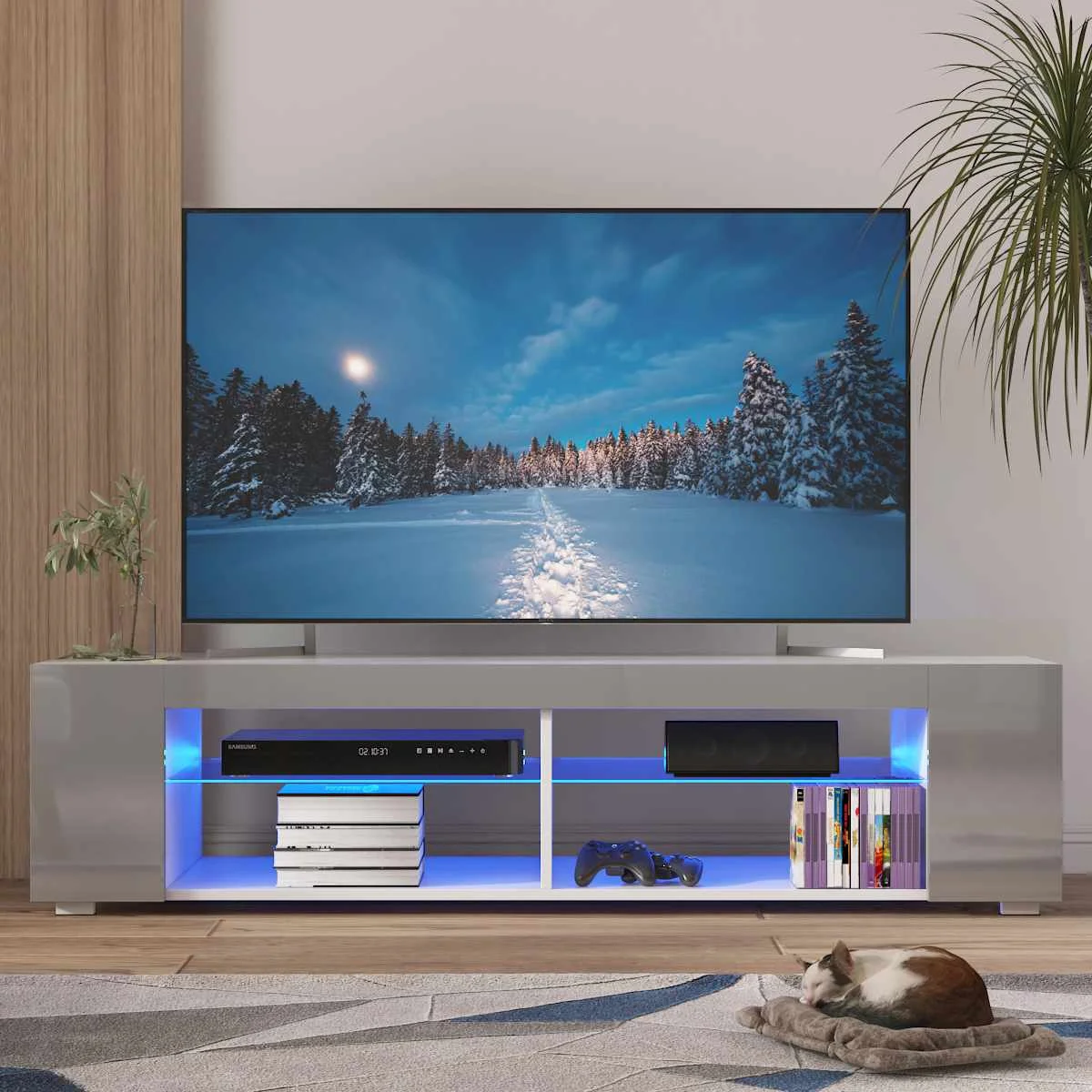 High Gloss Bookshelves With Led Light 4-shelf Console Cabinet Home Office Tv Bracket Living Room Furniture