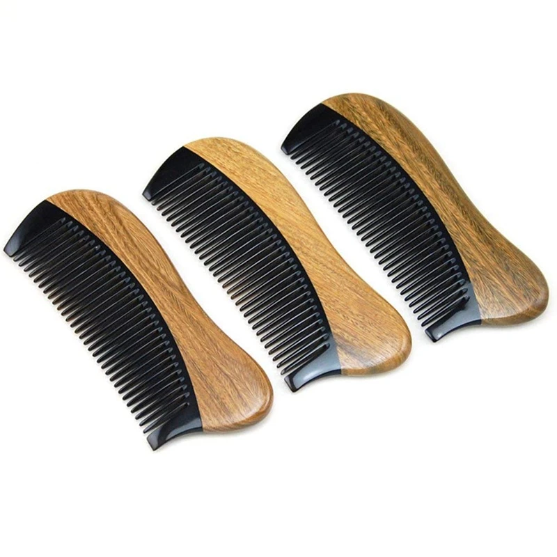 

Natural Green Sandalwood Hair Comb - No Static Wooden Fine Tooth Black Buffalo Horn Comb (Green sandalwood)