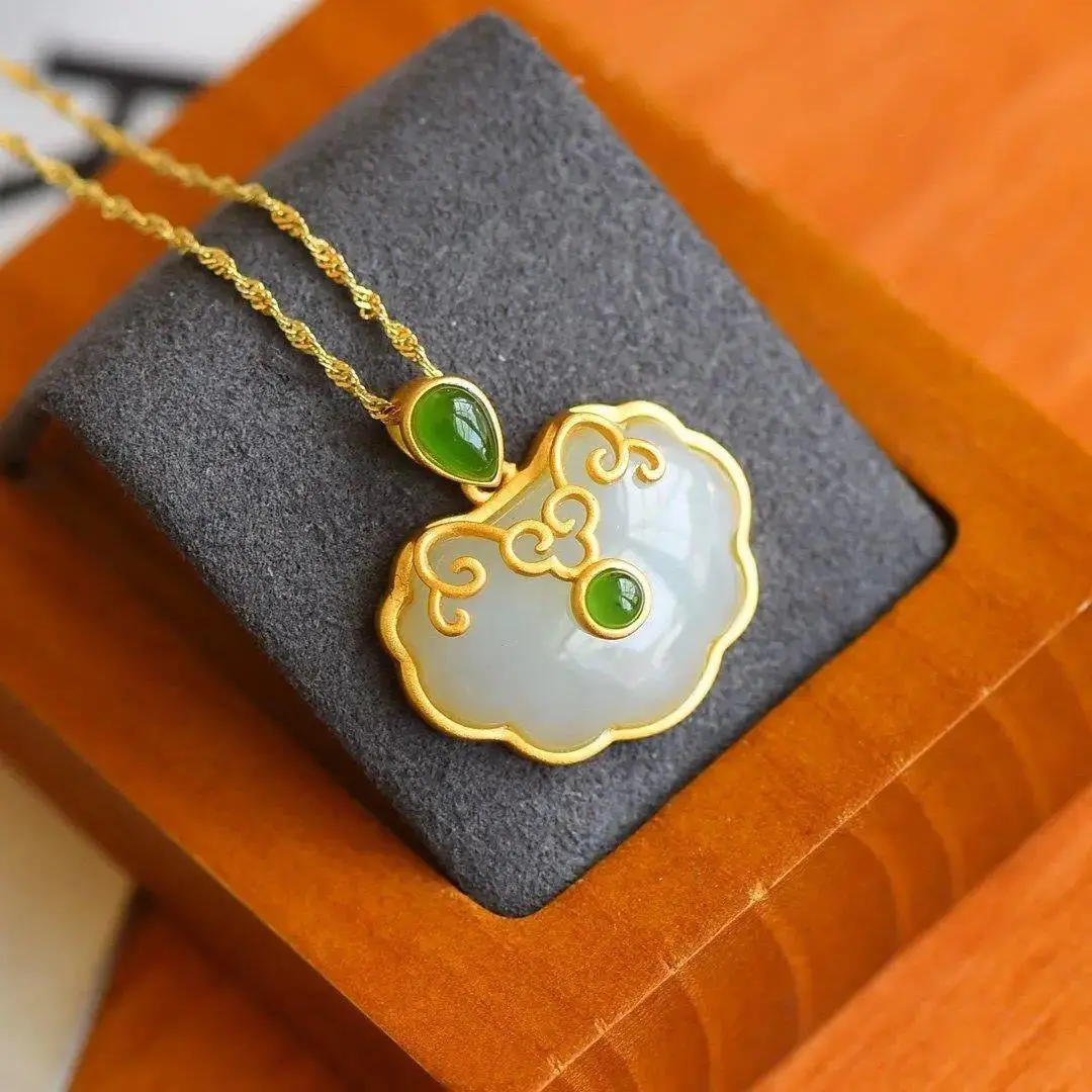 

Natural Jade Hotian Jade Pendant Women's Ancient Gold Inlaid Safety Jade Ruyi Longevity Lock Pendant Pendant Necklace