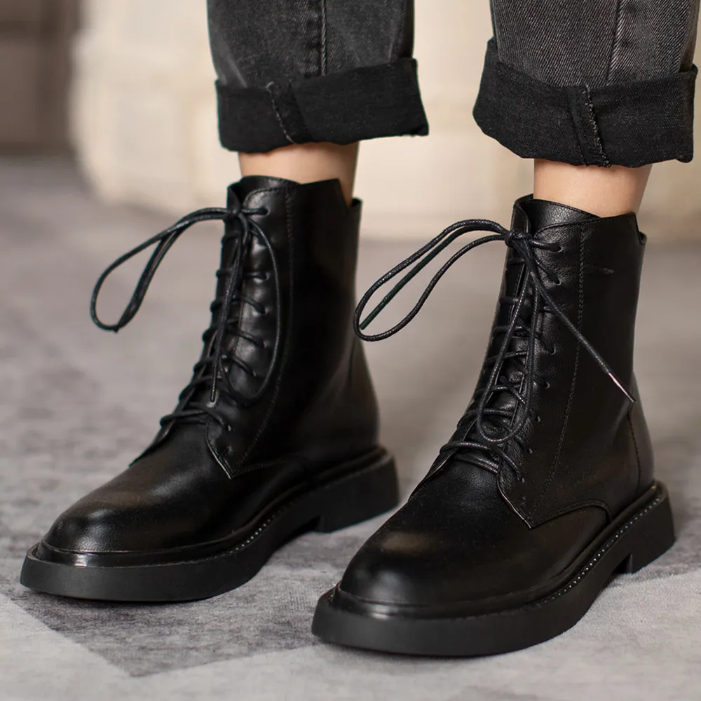 

Ботинки женские короткие из натуральной кожи, на шнуровке, с круглым носком, Осень-зима, короткие сапоги для мотоциклистов