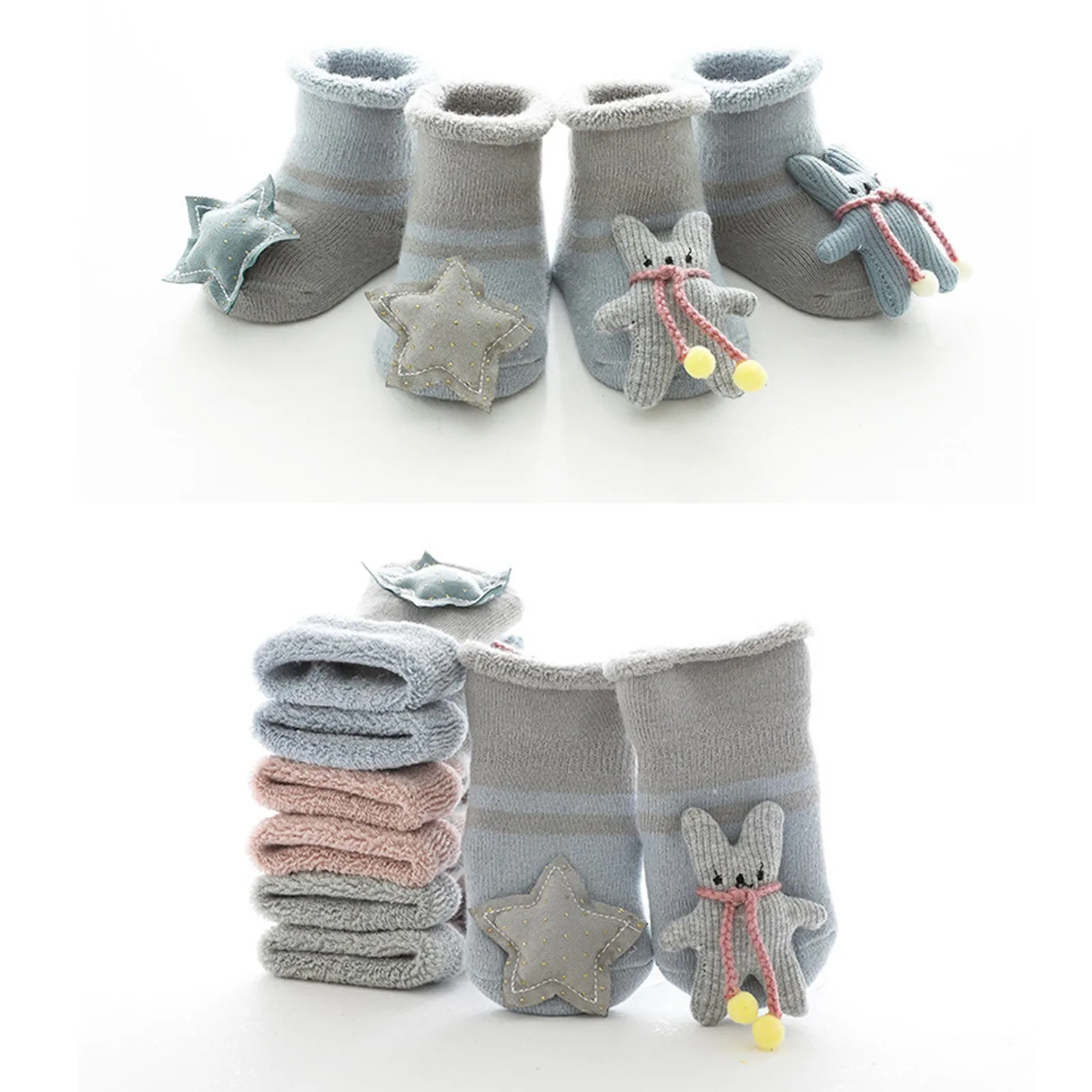 

3D Baby Cartoon Doll Dispensing Non-slip Socks Toddler Baby Boys Girls Cartoon Warm Non-slip Socks 2 Pairs 6*
