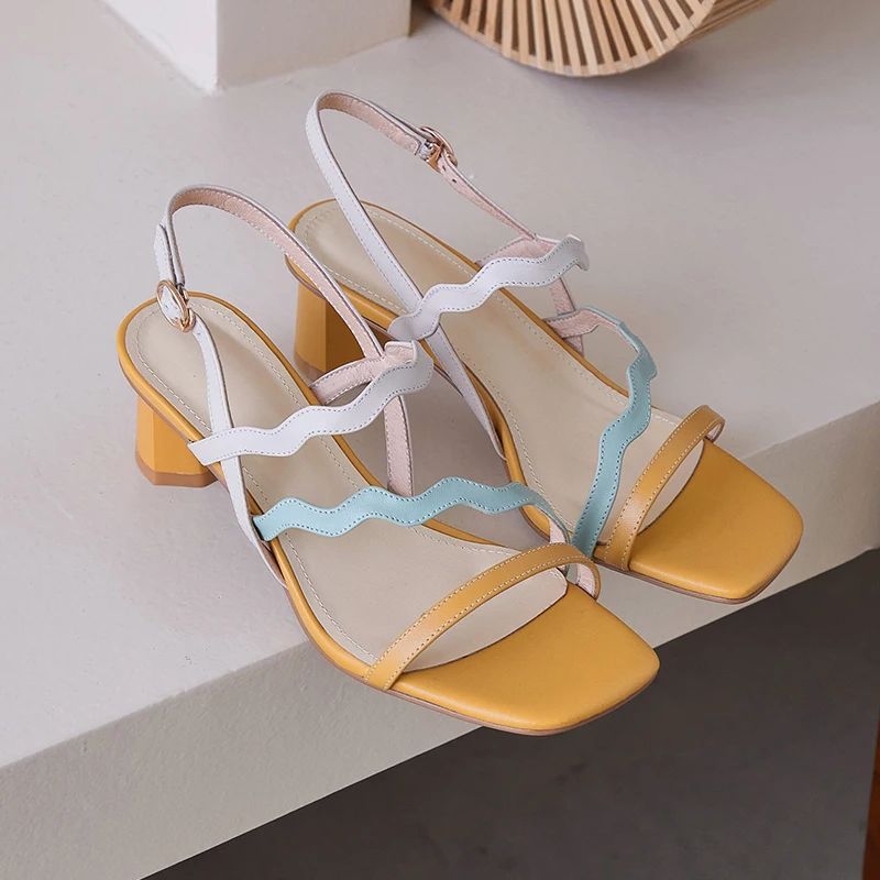 

Top 2021 Wedding Basic Shoes Woman Elegant Genuine Leather Women's Summer Shoes Mixed Color High Heels Sandals Women