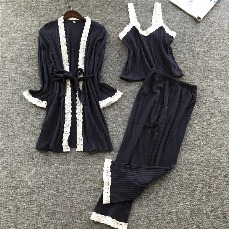 Зимний пижамный комплект женская теплая Пижама хлопковая кружевная ночная