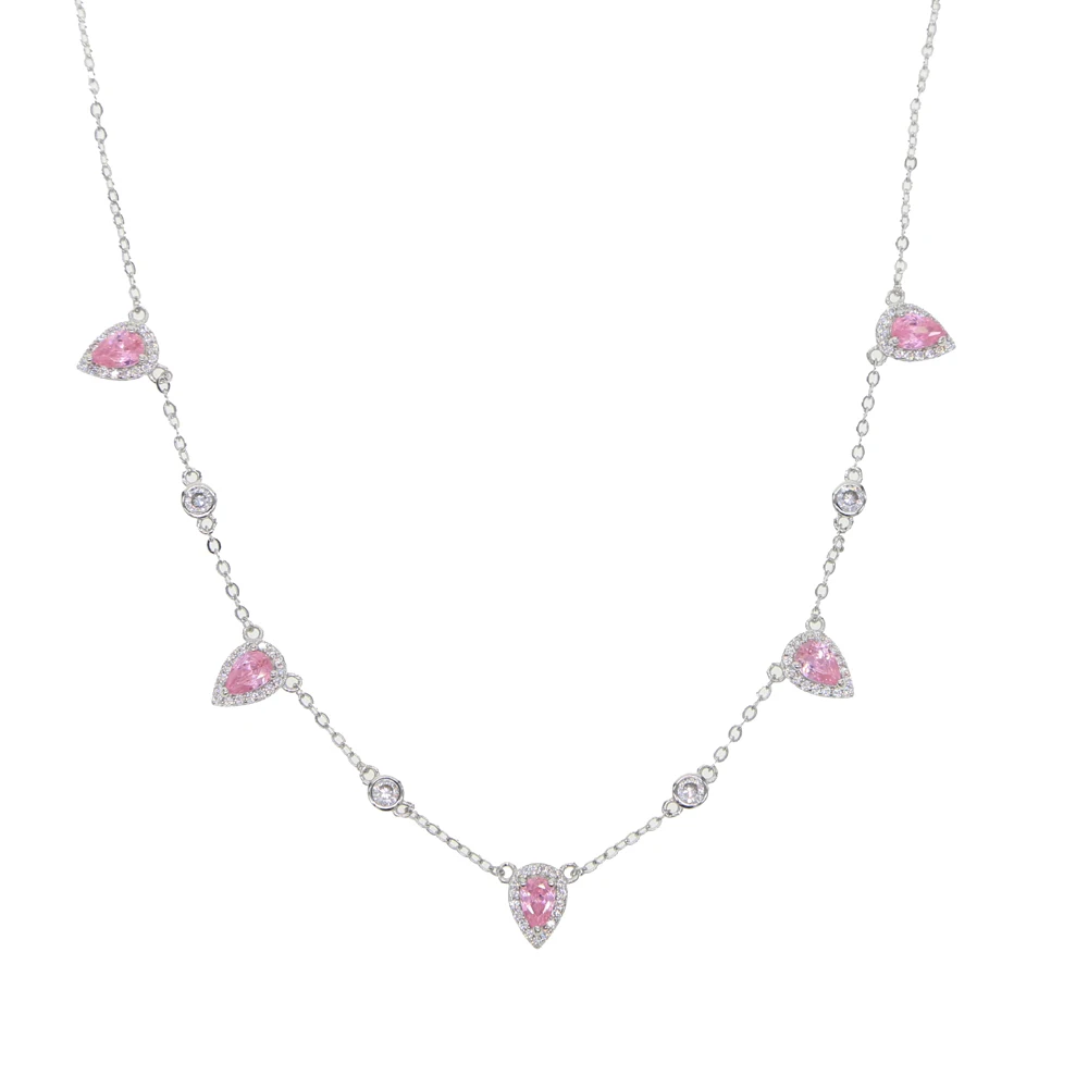 silver pink cz Новинка, модное ювелирное изделие, Зеленый Кристалл, CZ колье, ожерелье, капля воды, Круглый Шарм, звено цепи, трендовые модные ожерелья - Окраска металла: silver pink cz