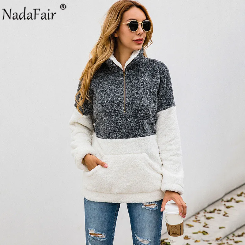Nadafair, искусственный мех, повседневные, более размера d, толстовки, Женская толстовка, осень, пэчворк, карманы, молния, размера плюс, флис, Зимний пуловер - Цвет: Black Gray