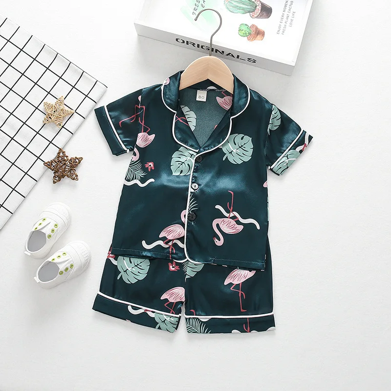 

Kids Satin Silk Pajamas Set Toddler Baby Boys Girls Sleepwear Cartoon Animals Print 2pcs Short Sleeve Shorts Nightwear Sets