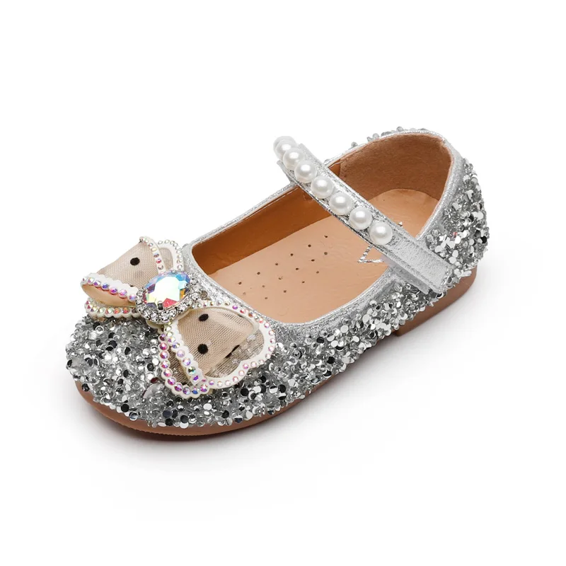 

Girls Leather Shoes Crystal Shoes for Wedding Party Princess Rhinestone Kids Flats Children's Dress Shoes Pearls Beading Bowtie