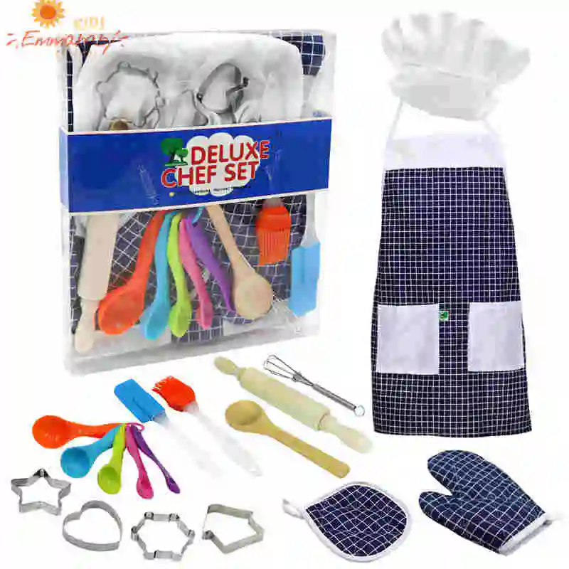 

Boys Girls 14 Pcs Kids Kitchen Toys Basic Cook Baking Set Role-Playing Toy Aprons Chef Hats Cookie Cutters Silicone Baking Tool