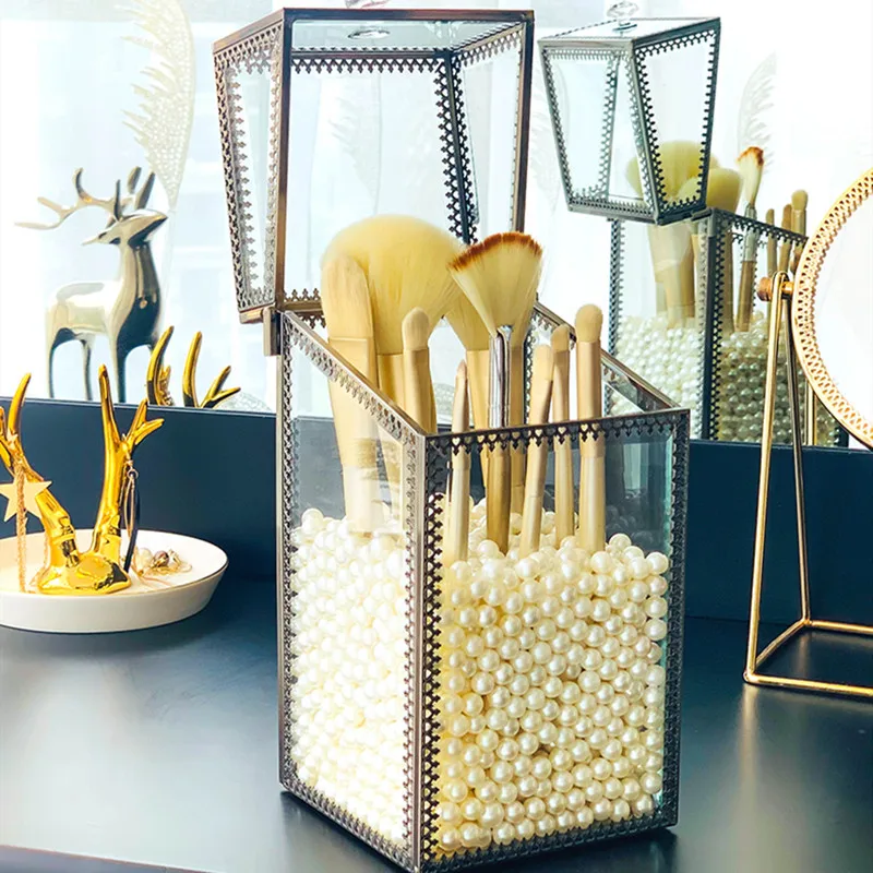 

Glass Cosmetic Organizer Makeup Brush Holder Gold Storage Box Retro Eyebrow Pencils Container Jewelry Bead Box with Cover