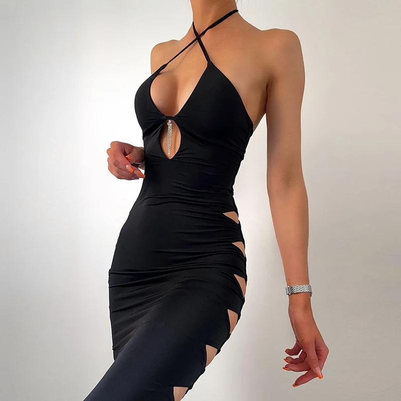 

Black Hollow Out Sleeveless Mini Dress Women Sexy Deep V Neck Backless Long Dress Summer Fall Bodycon Club Party Dress Vestidos