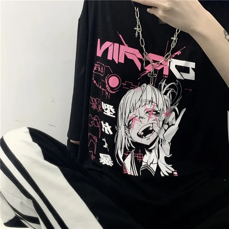 

Women Y2K Cartoon Top Japanese Anime Harajuku Kawaii Korean Style Punk Summer Short Sleeve Loose Plus Size Dropshipping Clothes