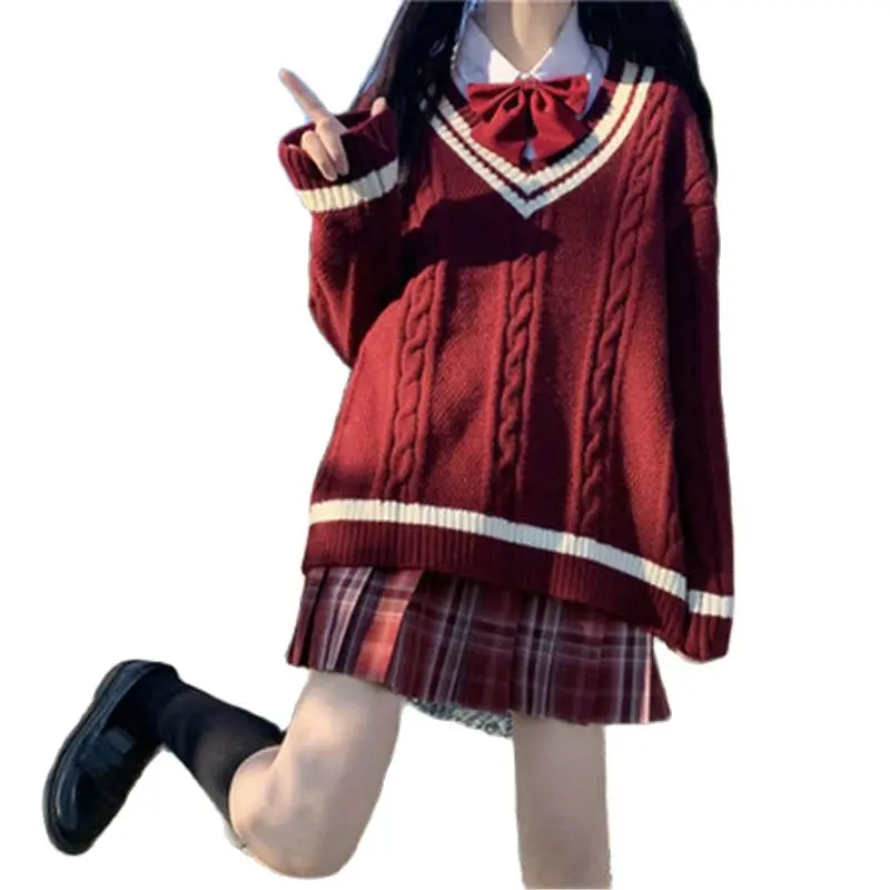 

Preppy Style V-Neck JK Knitted Sweater Japanese Style Kawaii Oversized Long Sleeve Pullover Red Khaki Schoolgirl Clothing